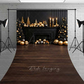 Aperturee - Aperturee Elegant Christmas Fireplace Sweep Photo Backdrop Black Mantel with Gold Ornaments Luxury Holiday Photo Prop